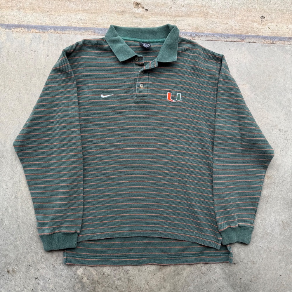Vintage Nike Team University of Miami Hurricanes Striped Long Sleeve Polo Mens S